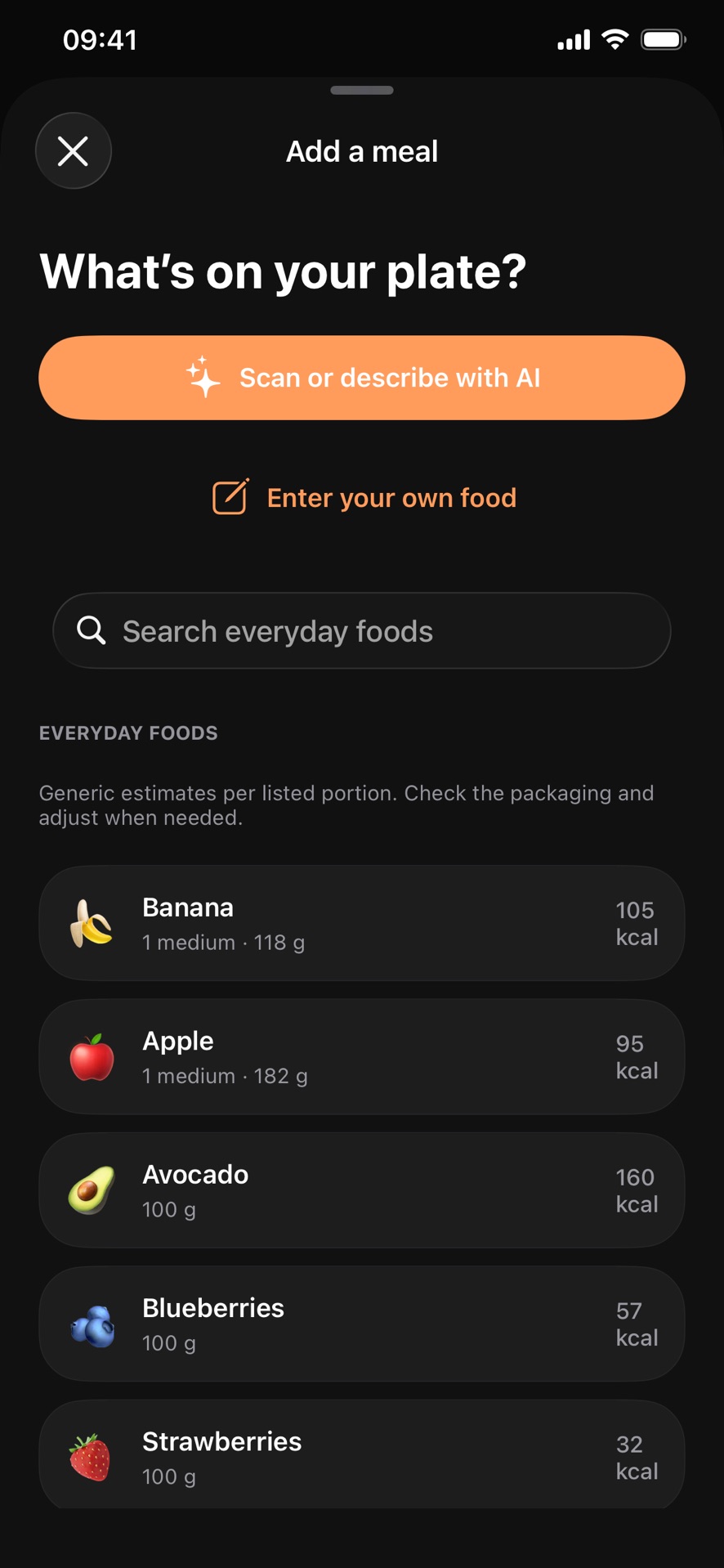 Calory meal entry screen with AI scan, food search, and manual entry options