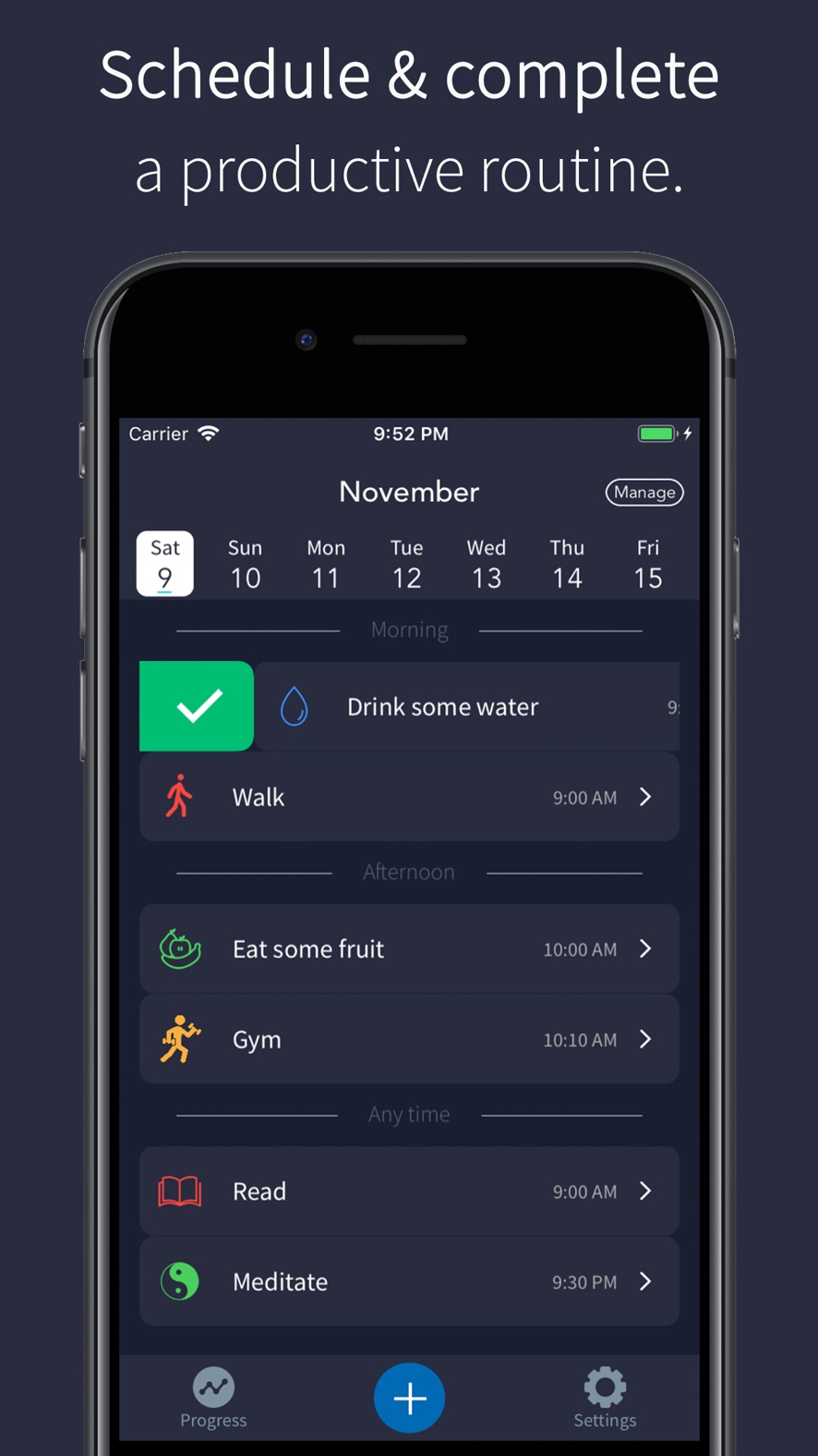 Productify daily schedule showing habits grouped into morning, afternoon, and any time