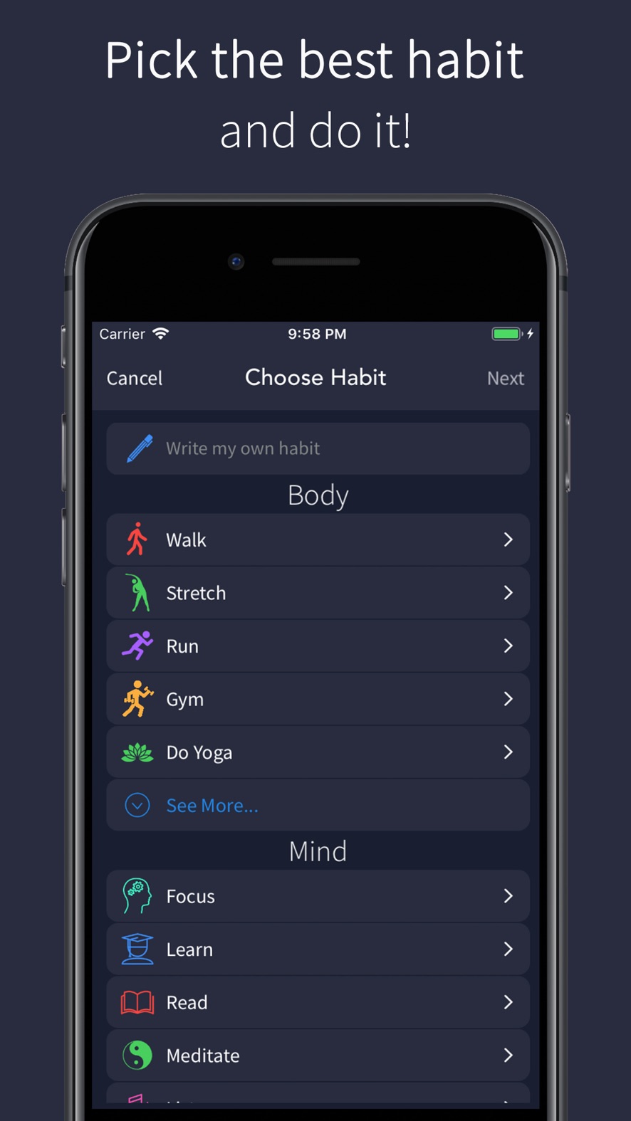 Productify habit library with ready-made habits grouped by Body and Mind